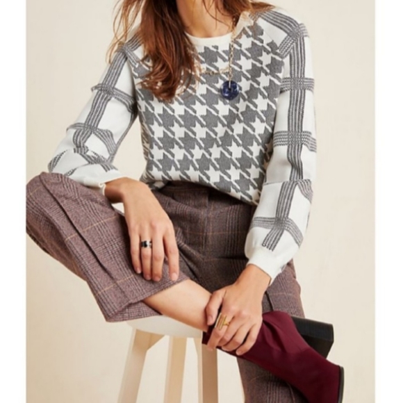 Anthropologie Sweaters - Anthropologie Shaz Plaid and Houndstooth Crewneck Pullover Sweater